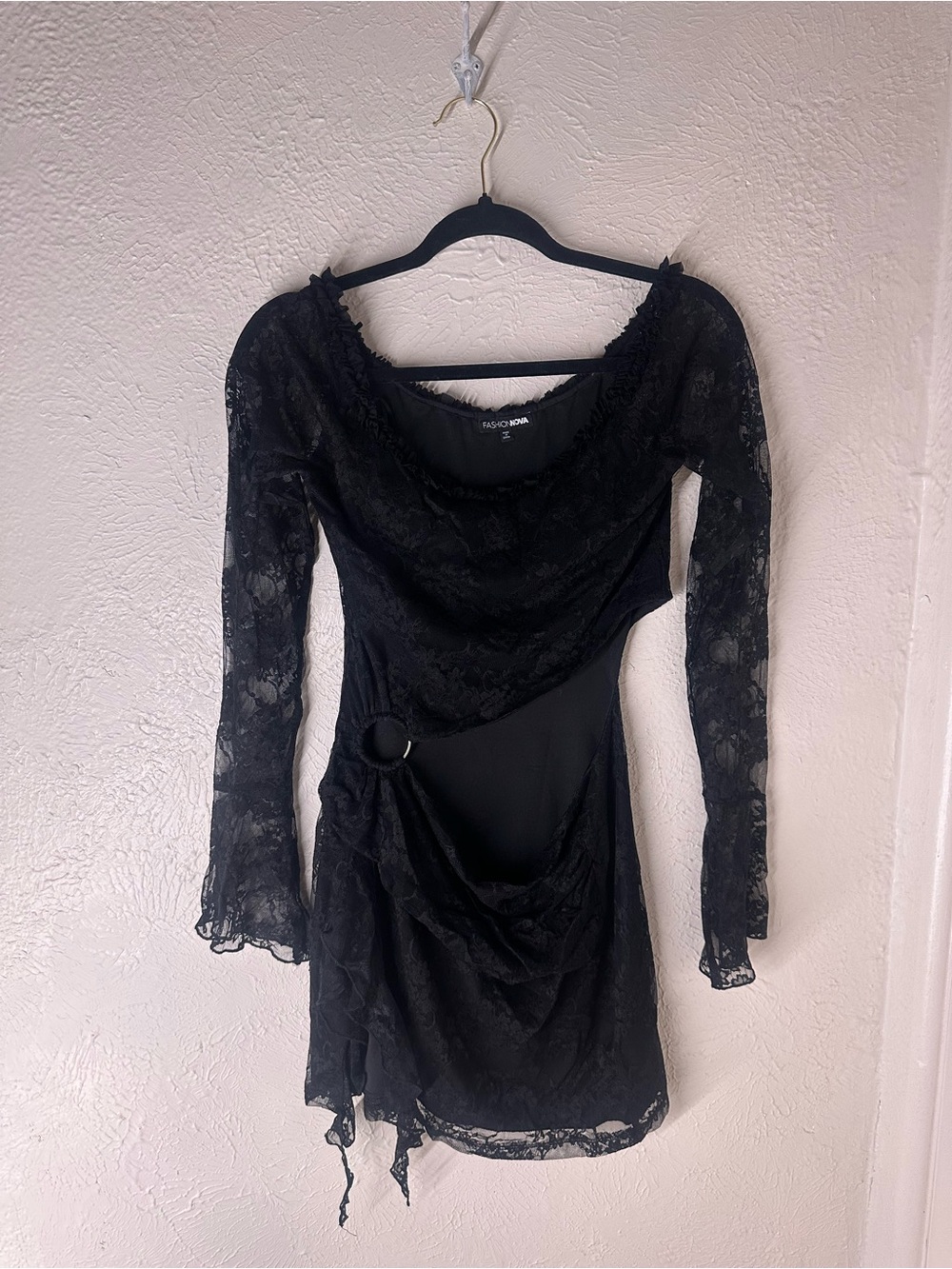 Fashion Nova Black Lace Long-Sleeve Mini Dress with Cut Out